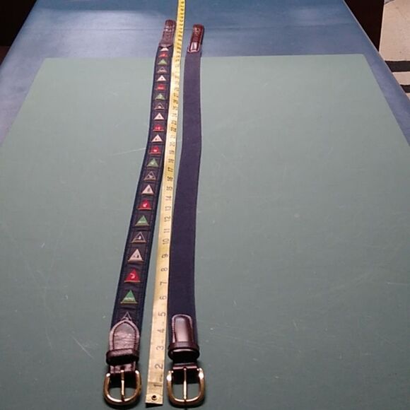 Vibrant Blue and Red Geometric Pattern Belts Solid Brass Buckles - Picture 3 of 11